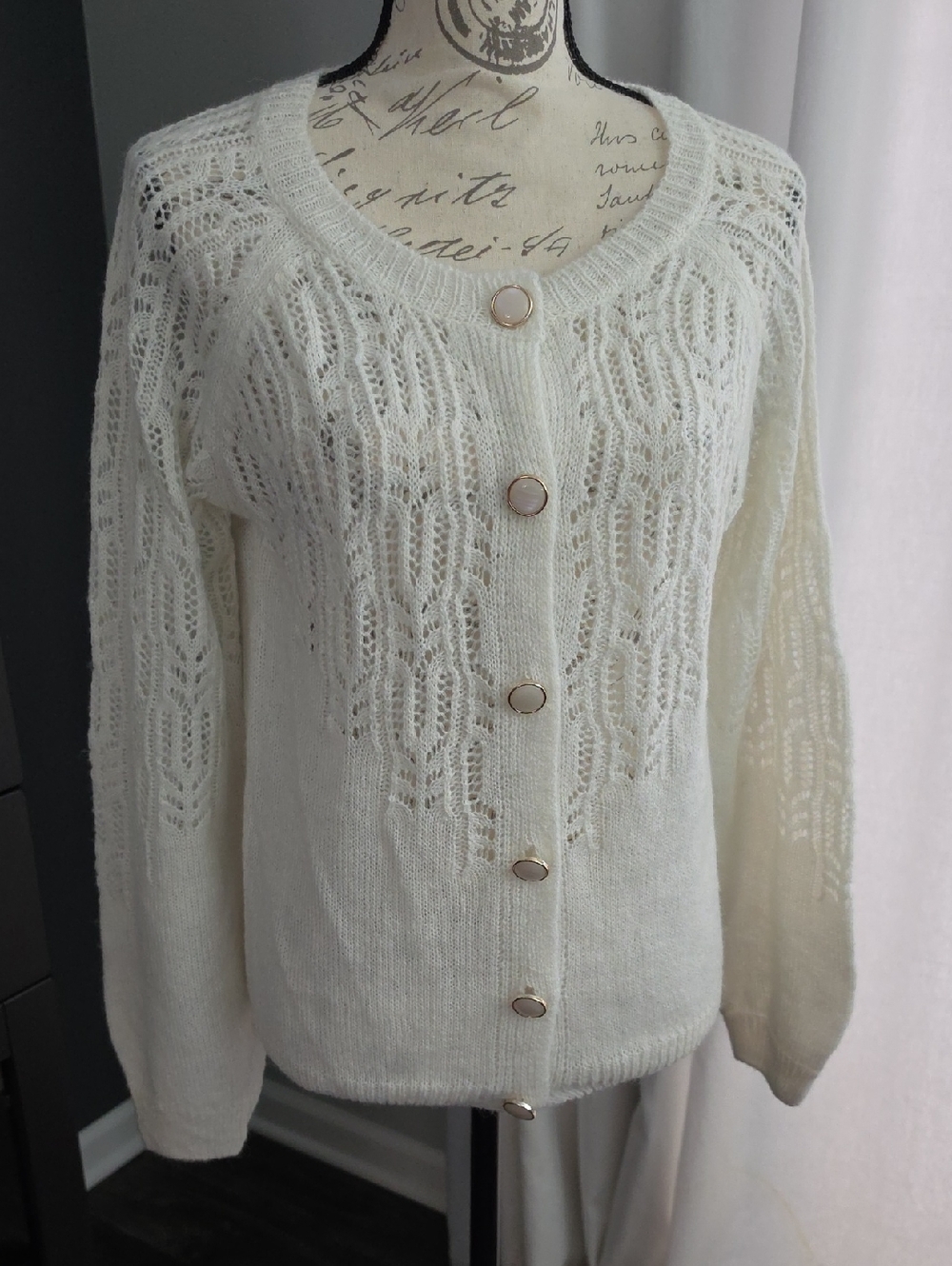 Cream Open-Knit Button Cardigan Sweater
